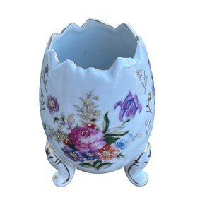 Vintage White Porcelain Easter Egg Vase with Floral Design and‎ Gold Accents